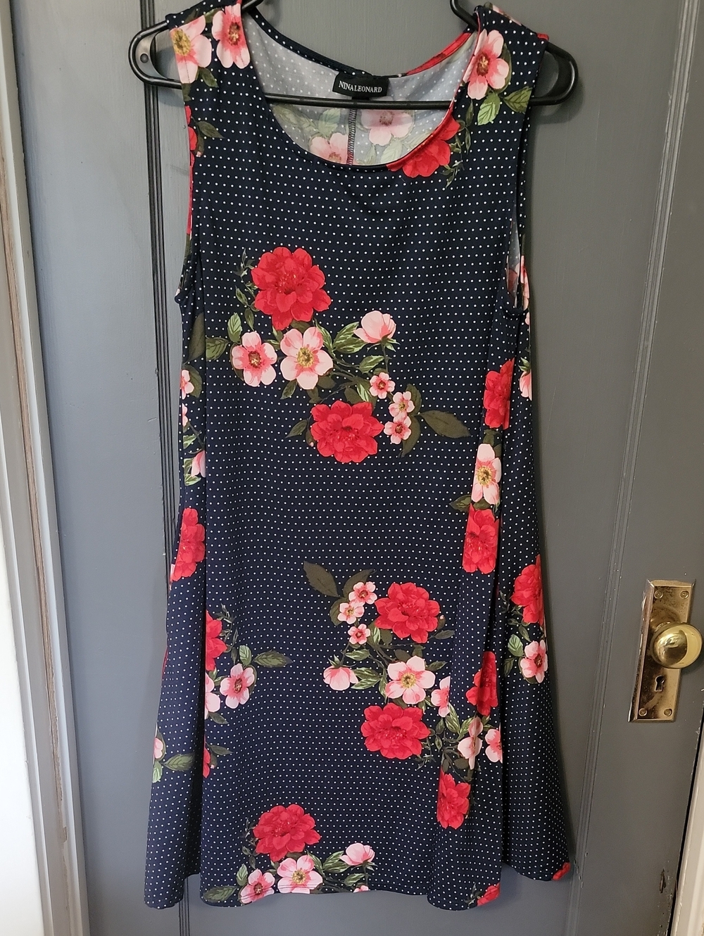 Nina Leonard Navy Mini Dress with Red & Pink Floral Print